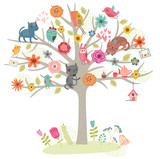 Cute vector card. Birds family on a tree.


