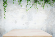 Wooden Table With Concrete Wall And Ornamental Plants Or Ivy Or Garden Tree For Background.