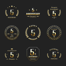 Five Years Anniversary Celebration Logotype. 5th Anniversary Gold Logo Set.