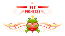 Happy Valentines Day Border, Frog Prince In Crown, Heart. Romance, Love Text Lettering, Isolated Frame White Background. Cute Romantic Valentine Banner Vector Illustration. Abstract Flat Cartoon Sign