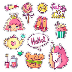 colorful vector patch badges with animals, characters and things. hand-drawn stickers, pins in carto