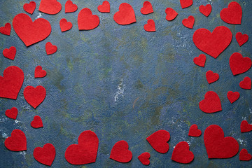 Wall Mural - Valentines day background with hearts on concrete vintage board with copy space. Flat lay. Top view table. Valentine's day concept.