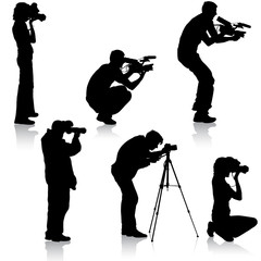 Wall Mural - Set cameraman with video camera. Silhouettes on white background. Vector illustration