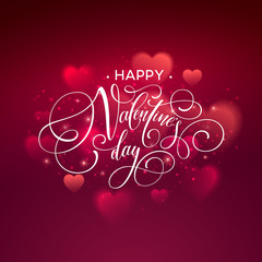 Wall Mural - Happy valentines day handwritten text on blurred heart background. Vector illustration