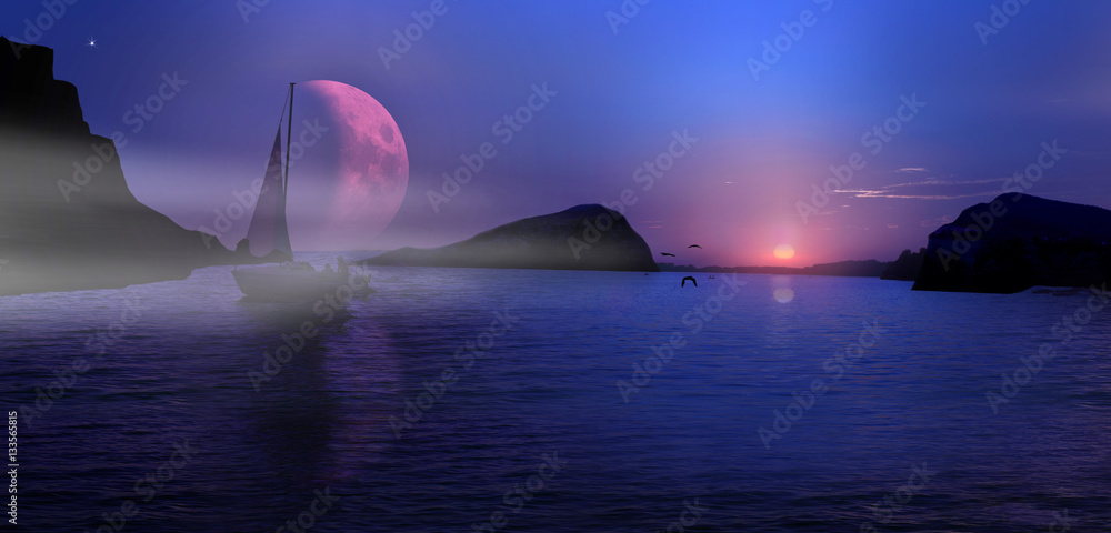 Piękny zachód słońca nad jeziorem, łódka z żaglem z księżyca. - obrazy, fototapety, plakaty 