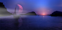 Piękny Zachód Słońca Nad Jeziorem, łódka Z żaglem Z Księżyca.