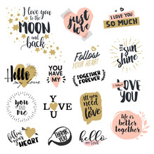 Valentine Day Signs Collection. Hand Drawn Vector Illustrations For Greeting Cards, Love Messages, Social Media, Networking, Web Design.