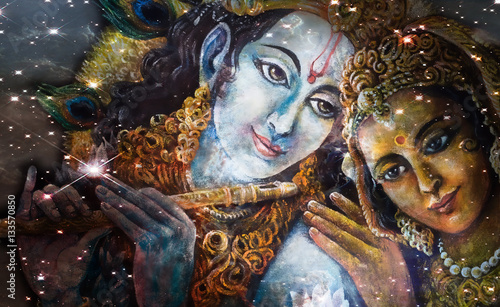 Fotomural Krishna and Radha, beautiful hindu divine couple, painting collage