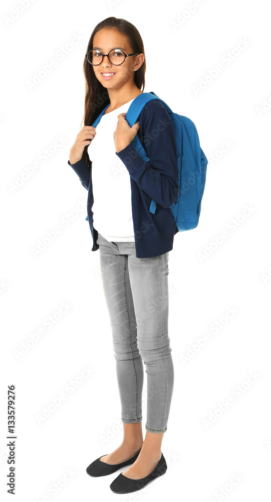 Cute schoolgirl on white background