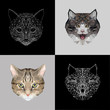 Vector set cats low poly design. Triangle cat icon illustration for tattoo, coloring, wallpaper and printing on t-shirts. Silhouette kitty. Polygon animal.