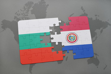 puzzle with the national flag of bulgaria and paraguay on a world map