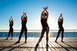 © Cookie Studio - Silhouettes of sportive girls dancing zumba near sea at sunrise.