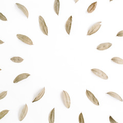 Wall Mural - Round frame made of dried brown leaves. Flat lay, top view