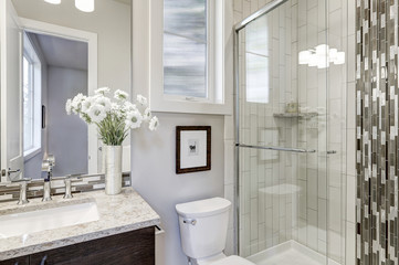 Wall Mural - Glass walk-in shower in a bathroom of new luxury home