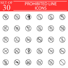 Prohibited signs line pictograms package, Forbidden symbols collection, vector sketches, solid logo illustrations, linear icons isolated black circles on white background, eps 10.