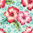 Pink and red hibiscuses with green leaves on the leopard skin print background. Vector seamless pattern with tropical flowers.