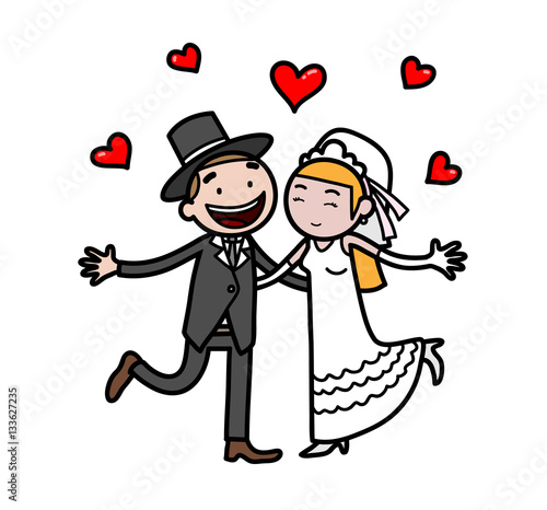 Just Married Newlywed Couple A Hand Drawn Vector Cartoon Illustration