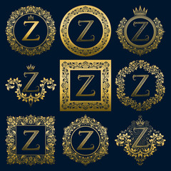 Wall Mural - Vintage monograms set of Z letter. Golden heraldic logos in wreaths, round and square frames.