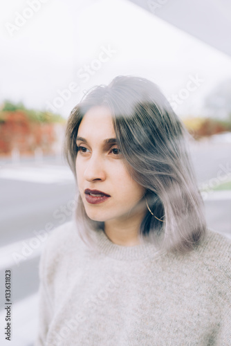 Portrait Of Young Beautiful Caucasian Purple Grey Hair Woman