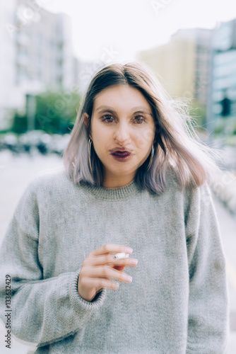 Double Exposure Of Young Beautiful Caucasian Purple Grey