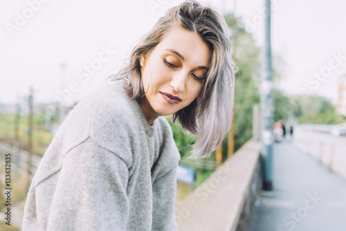 Portrait Of Young Beautiful Caucasian Purple Grey Hair Woman