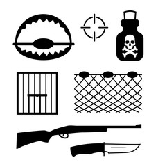 vector set of poaching and illegal animal hunting and catching icons on black background. social pro
