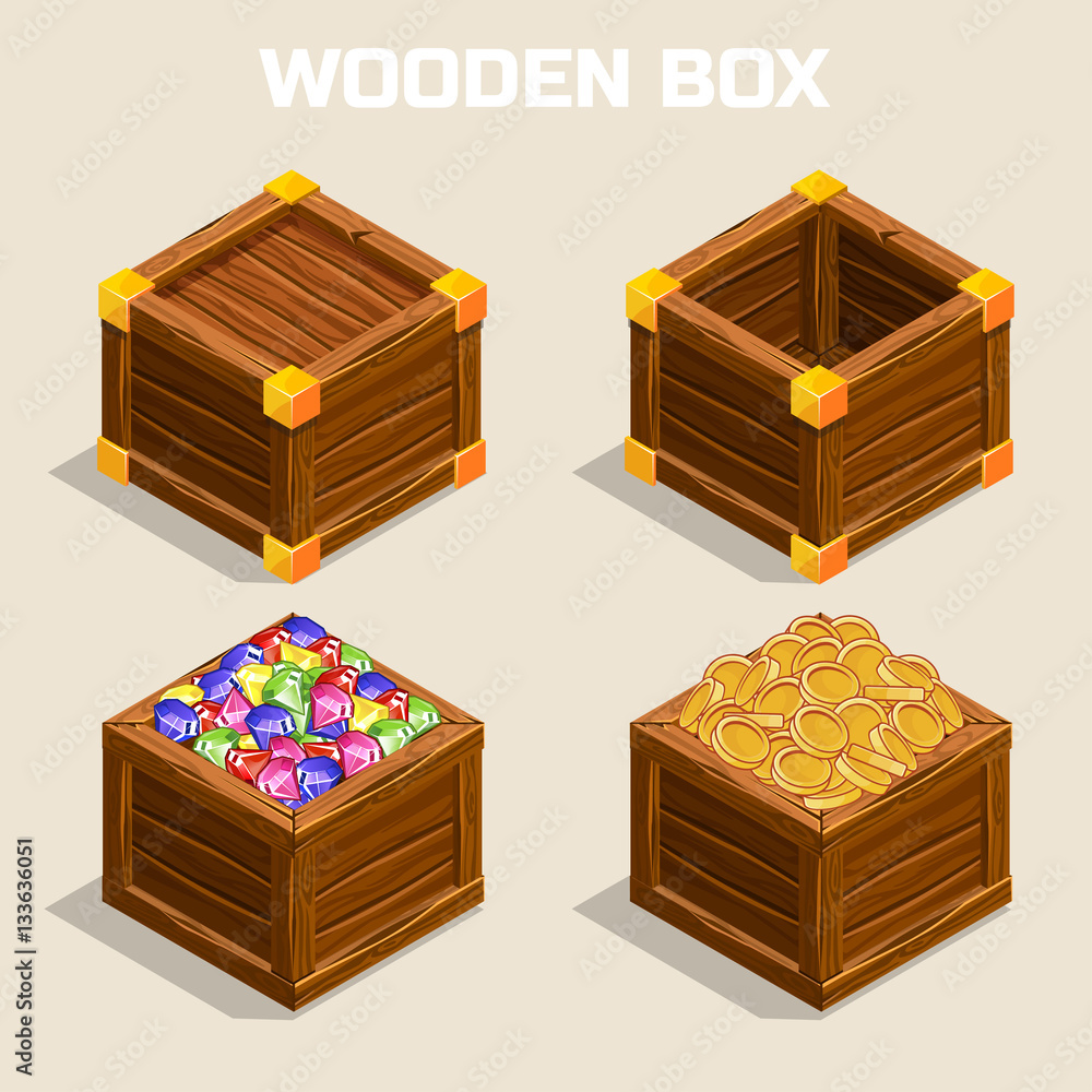 Set of icons cartoon wooden isometric boxes for game. Vector ...