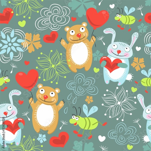 Cotton fabric Children seamless background with a hare, bear, beetle, heart