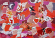 Creative Atmosphere art mood board collage sheet in color idea red, pink and purple white made of teared magazines and printed matter paper with flowers and textures
 
