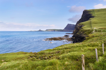 Poster - Sea cliffs of Ramasaig with Neist Point in the distance. Isle of Skye, Scotland, UK.      