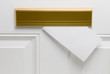 Blank envelope posted through copper letter box in white door