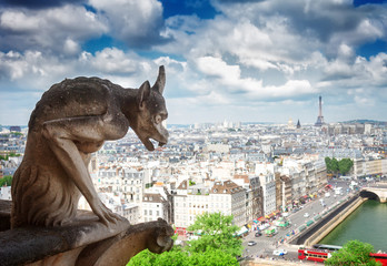 Canvas Print - Gargoyle of Paris on Notre Dame Cathedral church and Paris cityscape from above, France, retro toned