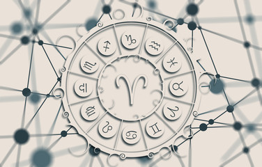 Wall Mural - Astrological symbols in the circle. Molecule And Communication Background. Connected lines with dots. White circle with shadows. Shallow depth of field. Aries sign