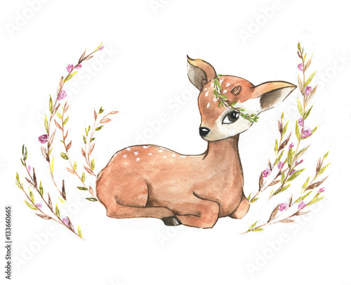 Hand Drawn Watercolor Portraits Of The Cute Cartoon Small Deer Spring Illustration For Greeting Card Posters Banners Buy This Stock Illustration And Explore Similar Illustrations At Adobe Stock Adobe Stock