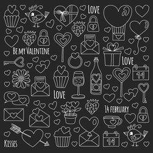 Valentine Day Vector Pattern With Heart, Cake, Balloon On Blackboard Backgoround