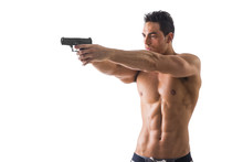 Half Body Shot Of A Handsome Athletic Man With No Shirt Holding A Handgun While Looking To The Left Of The Frame. Isolated On White Background.