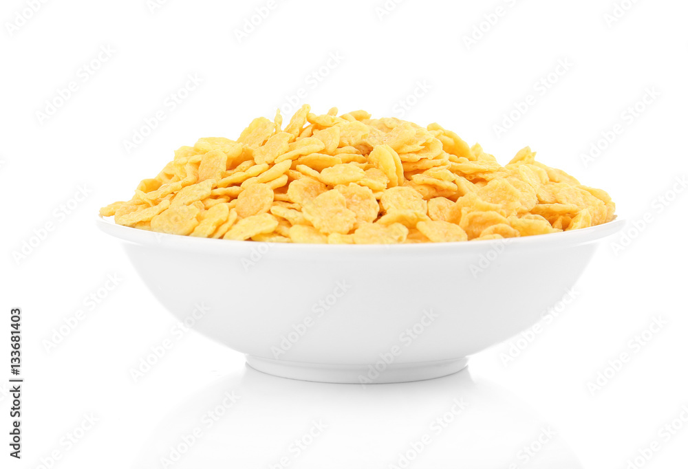 Bowl with cornflakes on white background