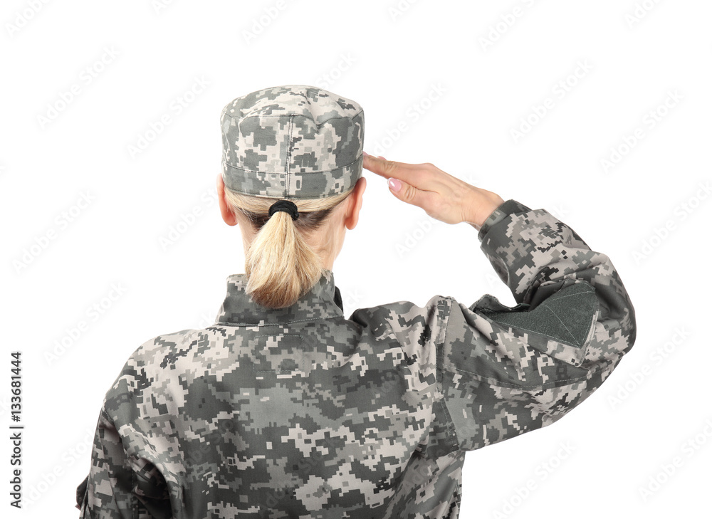 Female soldier saluting on white background