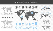 Big Set Of Maps And Globes. Pins Collection. Different Effects. Transparent Vector Illustration