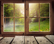 canvas print picture - Holzhütte mit Ausblick auf eine Waldlichtung im Frühling/Frühsommer bei Sonnenschein