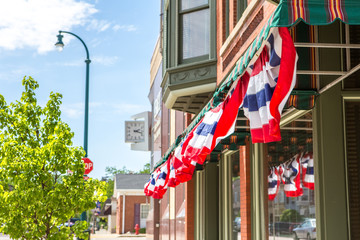 Patriotic  bunting on a business in a small town, shallow depth