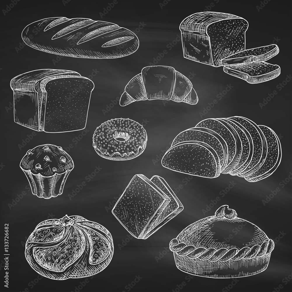 Bread chalk vector sketch icons on blackboard Stock Vector | Adobe Stock