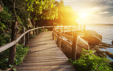 Thailand Sunset View From Wooden Bridge On Koh Phangan Island
