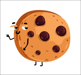 Cute chocolate chip cookie cartoon character isolated on white background vector illustration. Funny positive bakery pastry emoticon face icon. Happy smile cartoon face food, comical cookie mascot