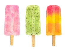 Three Watercolor Fruit Popsicle