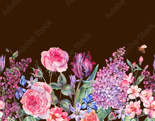 Vintage garden watercolor purple floral spring seamless border
