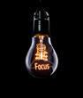 Hanging lightbulb with glowing Focus concept.