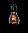 Hanging lightbulb with glowing Learn concept.