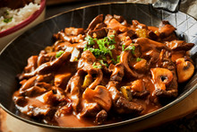 Close Up Of A Pan Of Beef Stroganoff