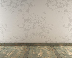 White wall with distressed painted flooring and base board